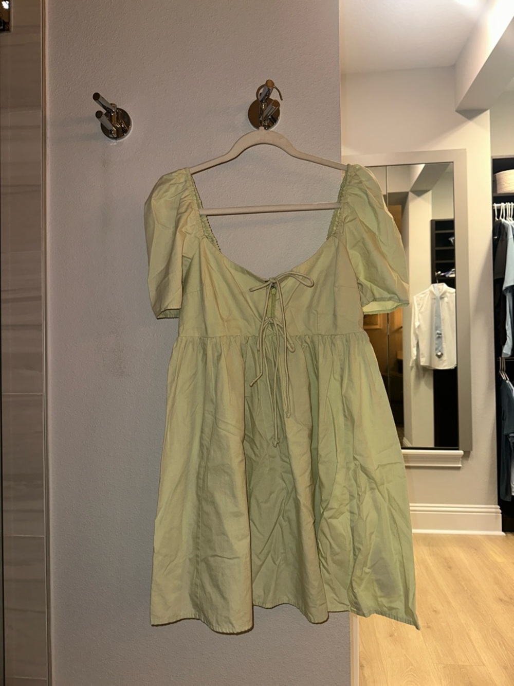 Abercrombie & Fitch Pale Yellow Puff Sleeve Mini Dress with Tie Front